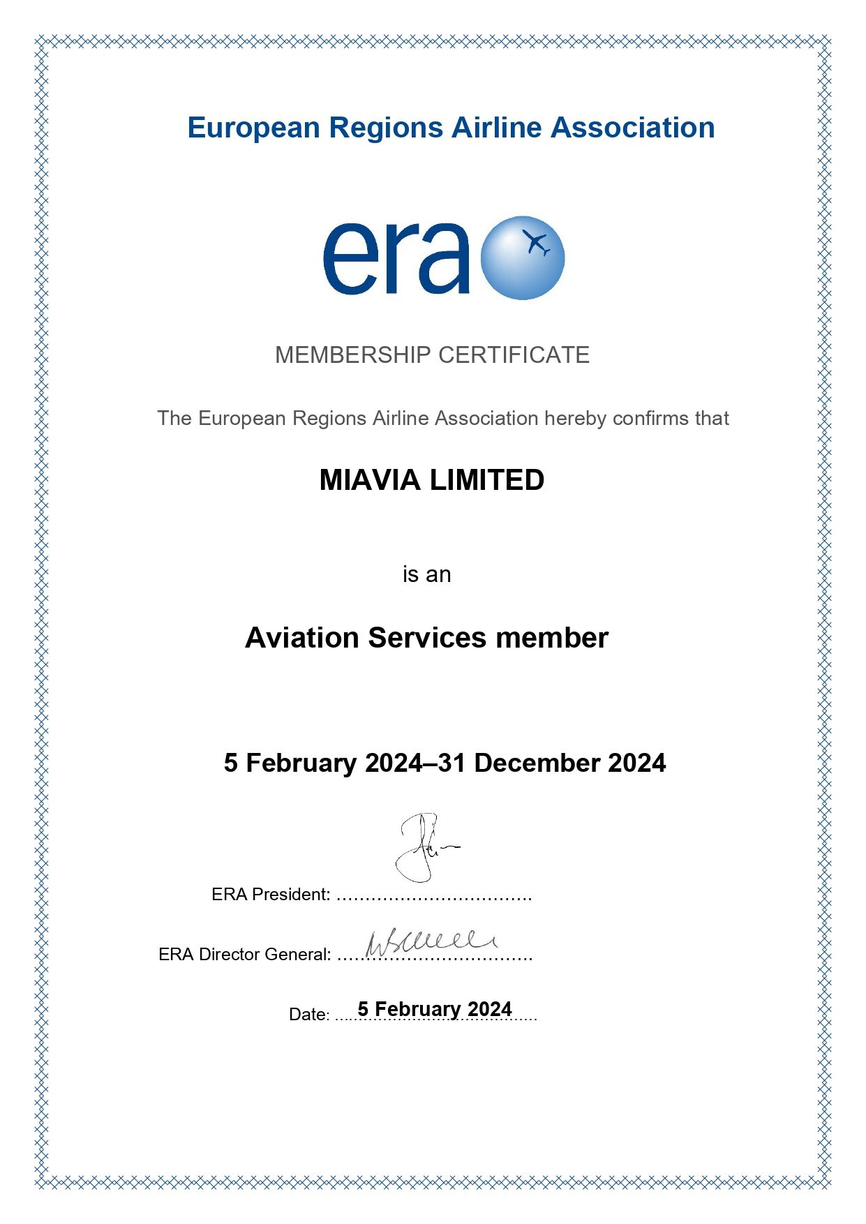MIAVIA LIMITED membership certificate